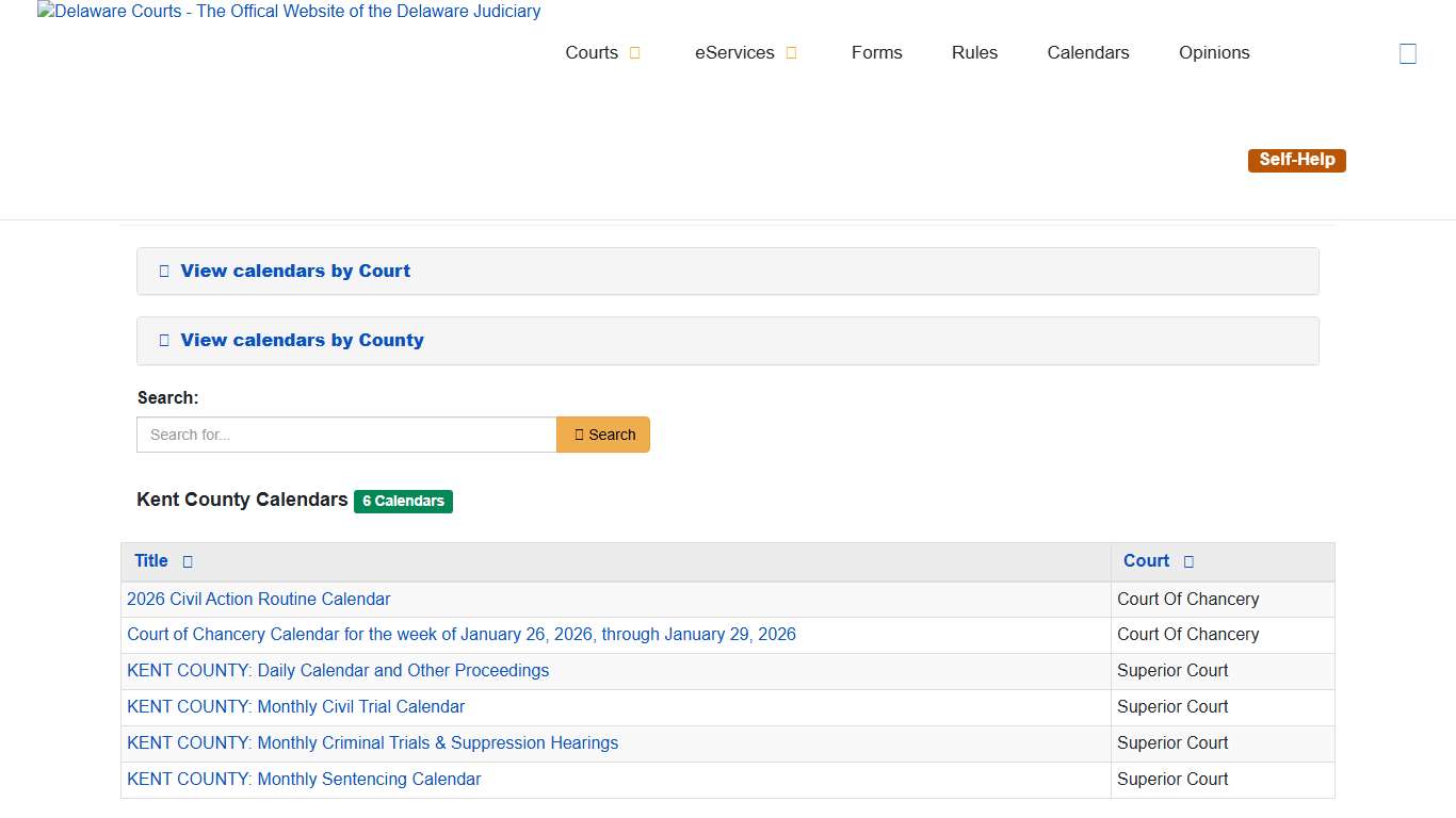 Calendars - Delaware Courts - State of Delaware